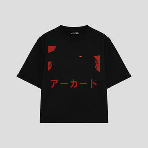 Playera streetwear premium de anime y gaming ExtraLife MX, corte boxy oversized drop shoulder heavyweight en color Deep Black y Off-White, moda urbana mexicana de culto.