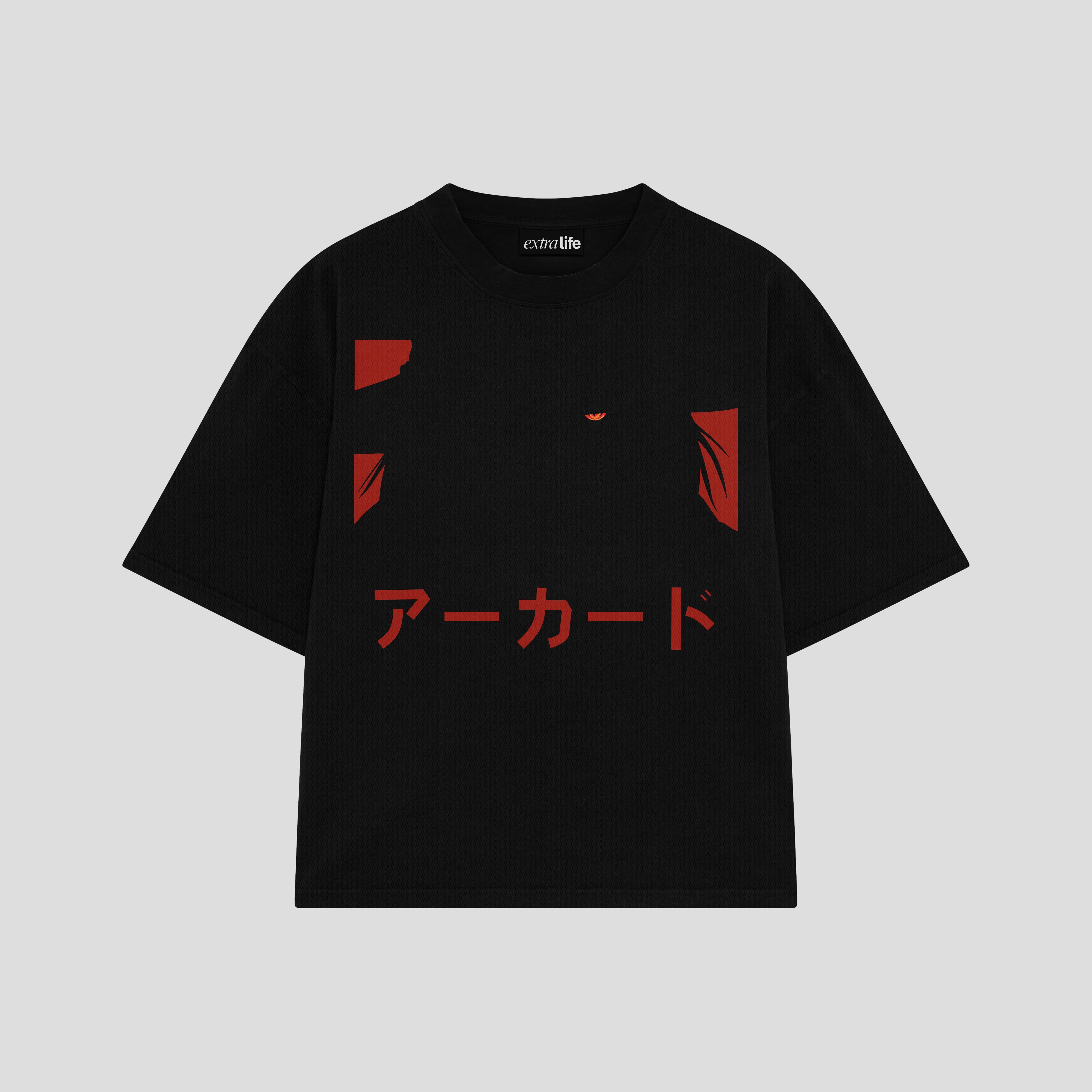 Playera streetwear premium de anime y gaming ExtraLife MX, corte boxy oversized drop shoulder heavyweight en color Deep Black y Off-White, moda urbana mexicana de culto.