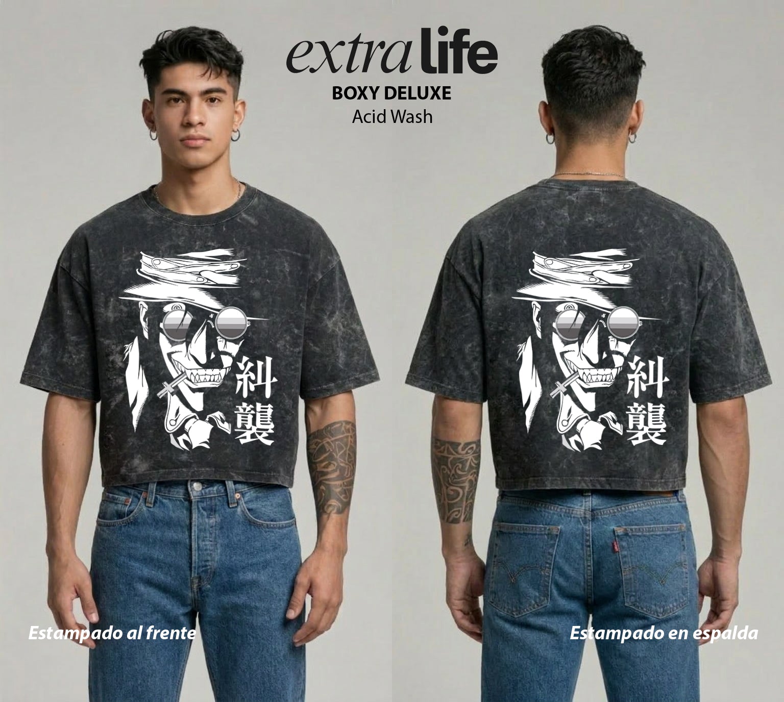 Playera streetwear premium de anime y gaming ExtraLife MX, corte boxy deluxe mineral wash heavyweight en color Acid Wash, moda urbana mexicana de culto.