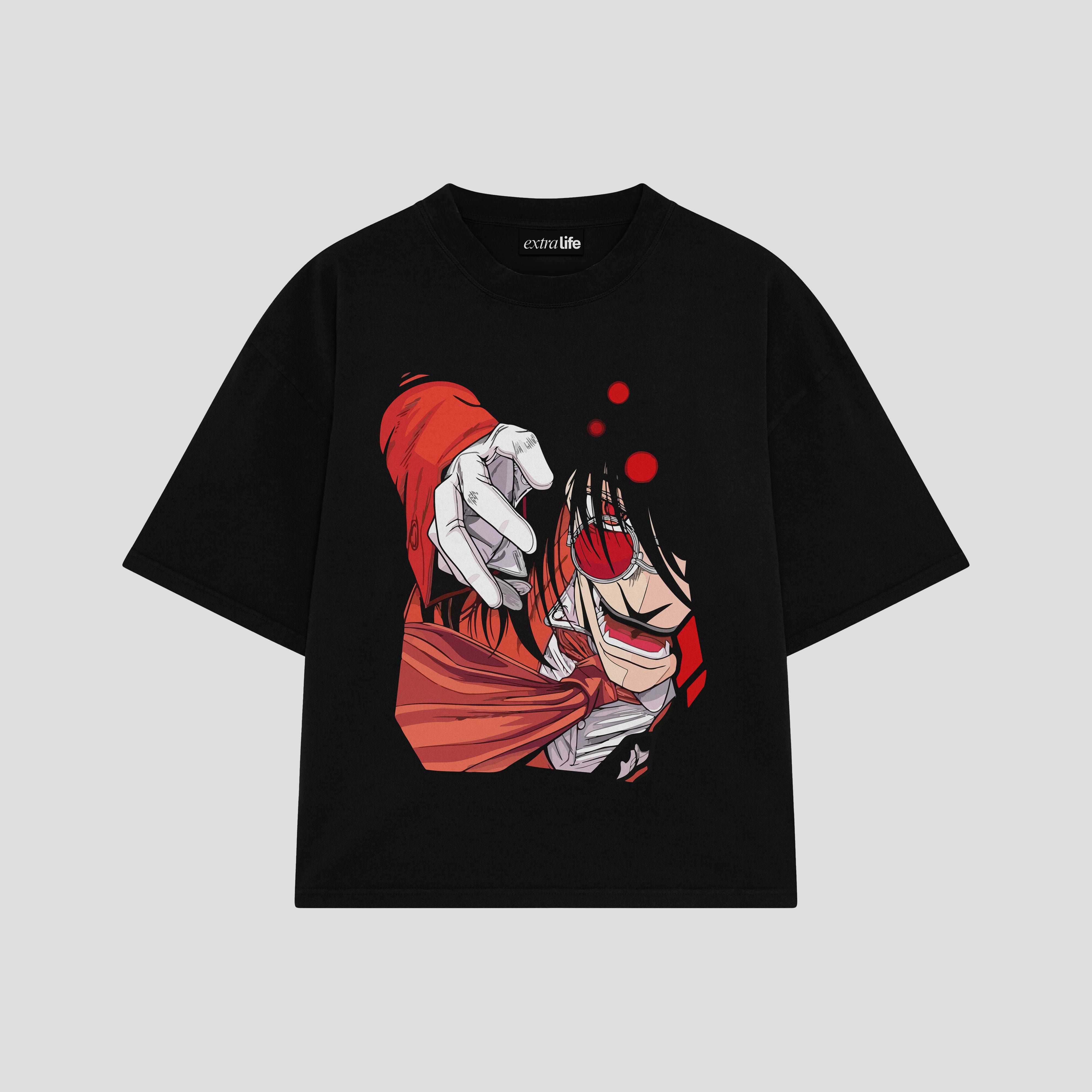 Playera streetwear premium de anime y gaming ExtraLife MX, corte boxy oversized drop shoulder heavyweight en color Deep Black y Off-White, moda urbana mexicana de culto.