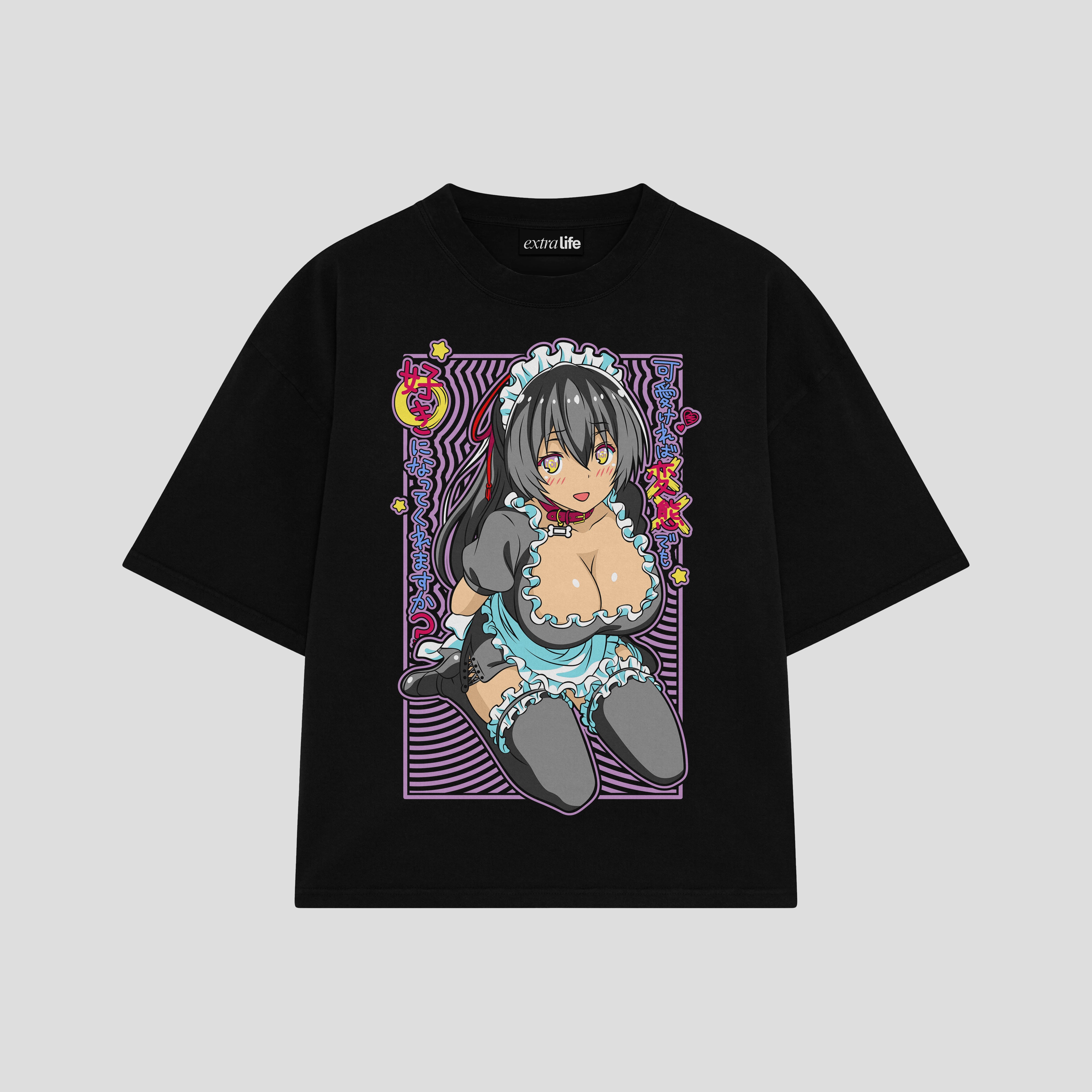 Playera streetwear premium de anime y gaming ExtraLife MX, corte boxy oversized drop shoulder heavyweight en color Deep Black y Off-White, moda urbana mexicana de culto.