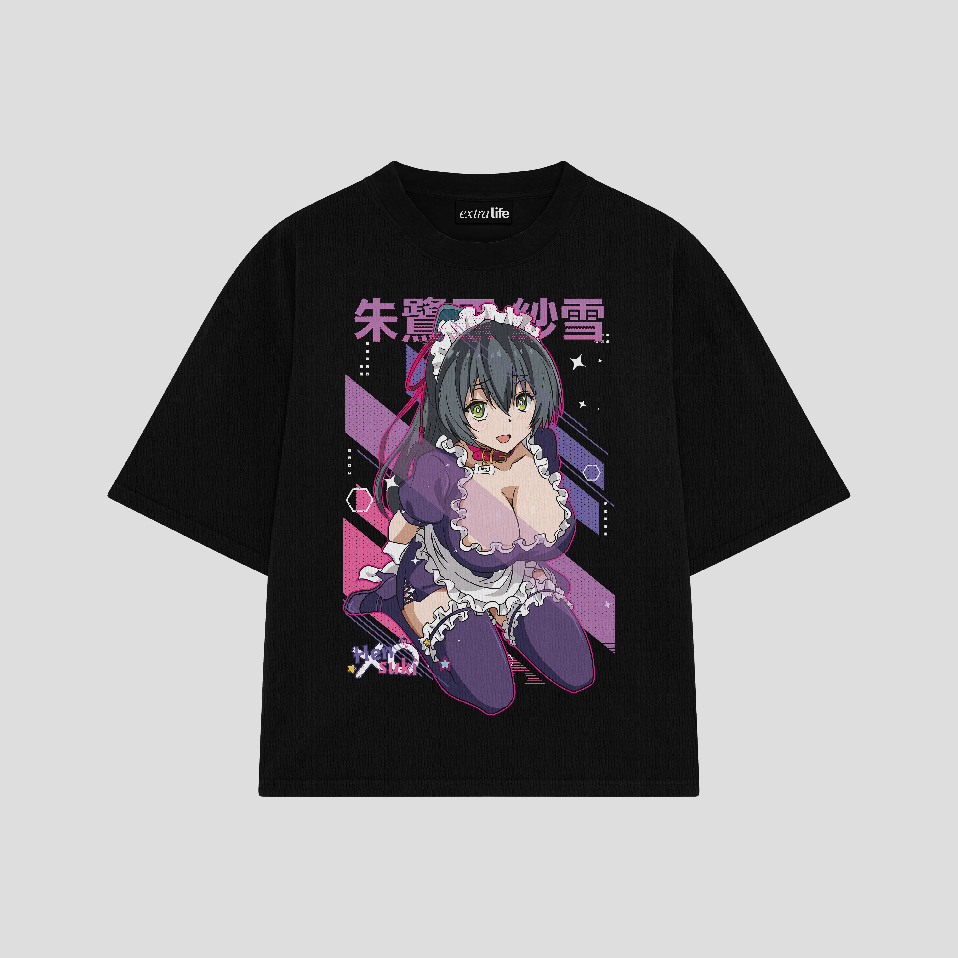 Playera streetwear premium de anime y gaming ExtraLife MX, corte boxy oversized drop shoulder heavyweight en color Deep Black y Off-White, moda urbana mexicana de culto.