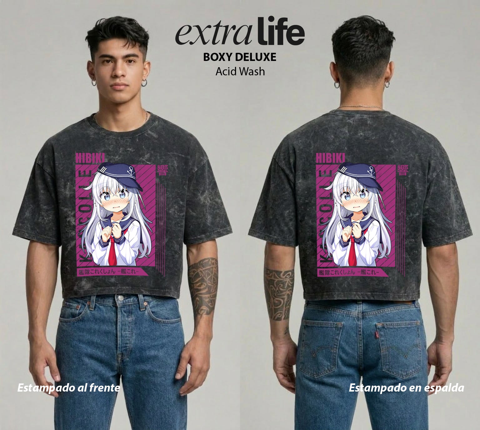 Playera streetwear premium de anime y gaming ExtraLife MX, corte boxy deluxe mineral wash heavyweight en color Acid Wash, moda urbana mexicana de culto.