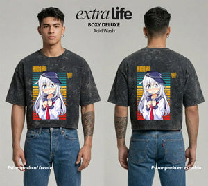 Playera streetwear premium de anime y gaming ExtraLife MX, corte boxy deluxe mineral wash heavyweight en color Acid Wash, moda urbana mexicana de culto.