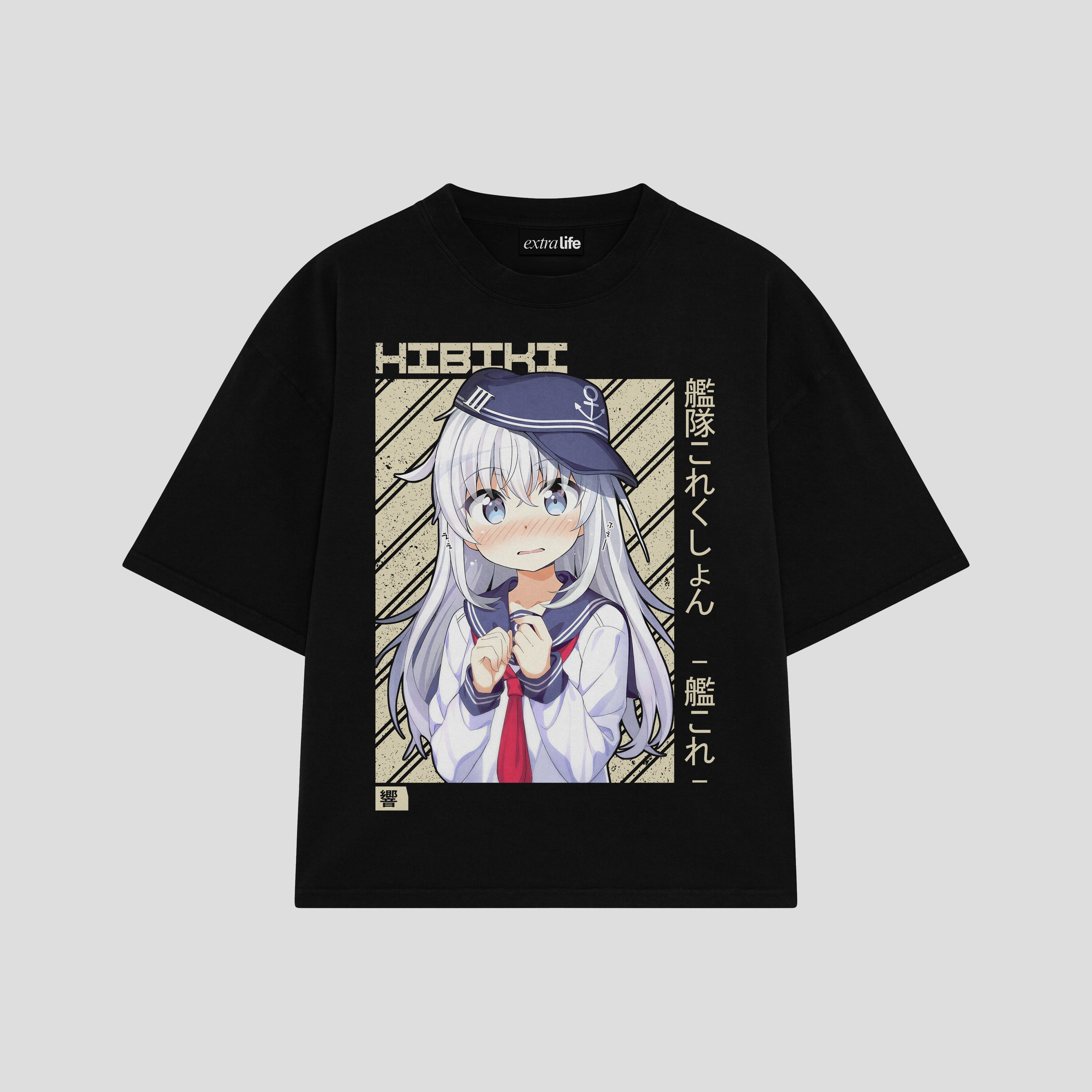 Playera streetwear premium de anime y gaming ExtraLife MX, corte boxy oversized drop shoulder heavyweight en color Deep Black y Off-White, moda urbana mexicana de culto.