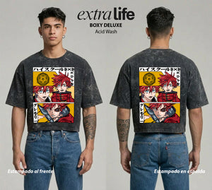 Playera streetwear premium de anime y gaming ExtraLife MX, corte boxy deluxe mineral wash heavyweight en color Acid Wash, moda urbana mexicana de culto.