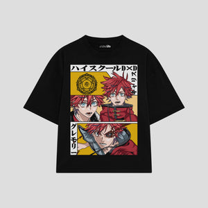 Playera streetwear premium de anime y gaming ExtraLife MX, corte boxy oversized drop shoulder heavyweight en color Deep Black y Off-White, moda urbana mexicana de culto.