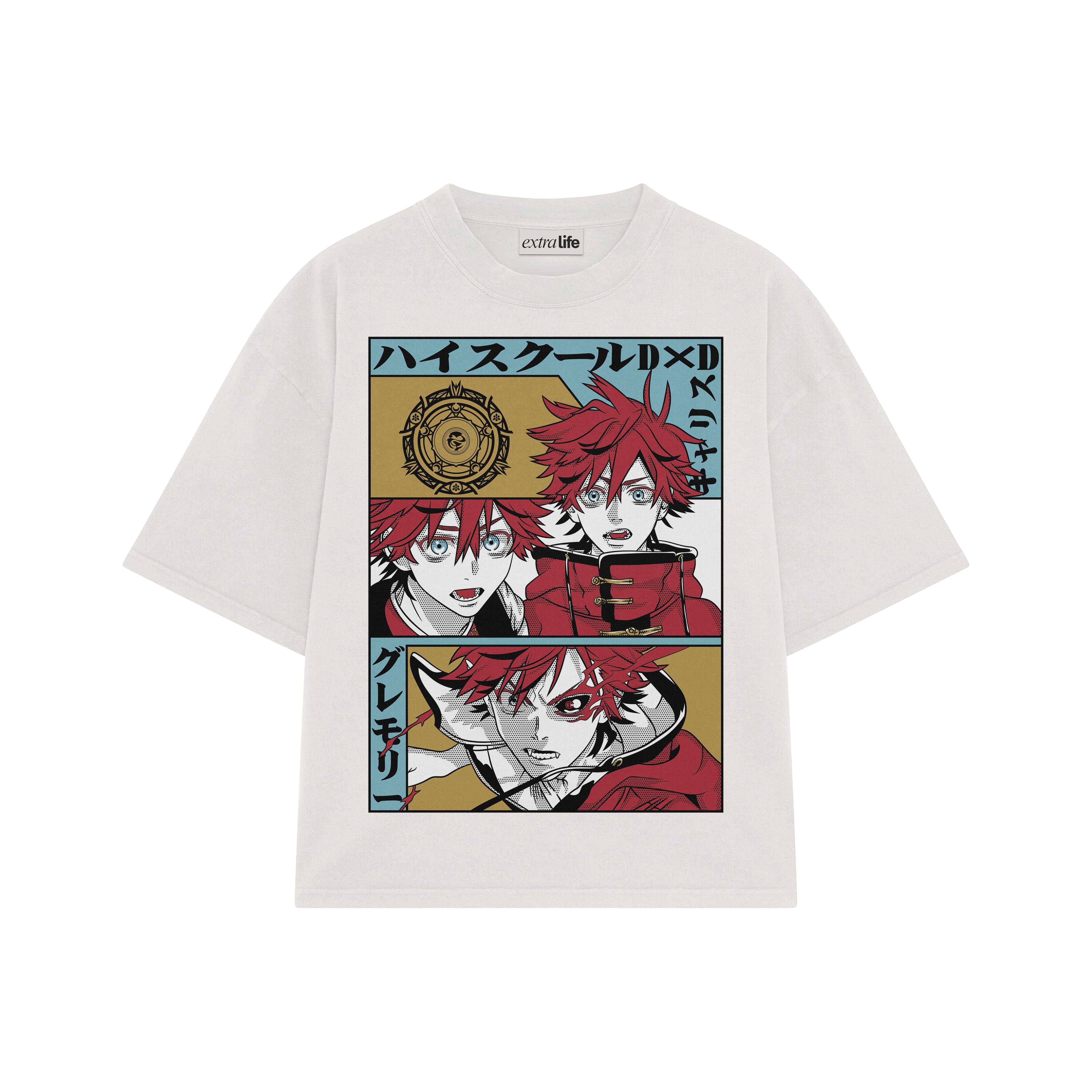 Playera streetwear premium de anime y gaming ExtraLife MX, corte boxy oversized drop shoulder heavyweight en color Deep Black y Off-White, moda urbana mexicana de culto.