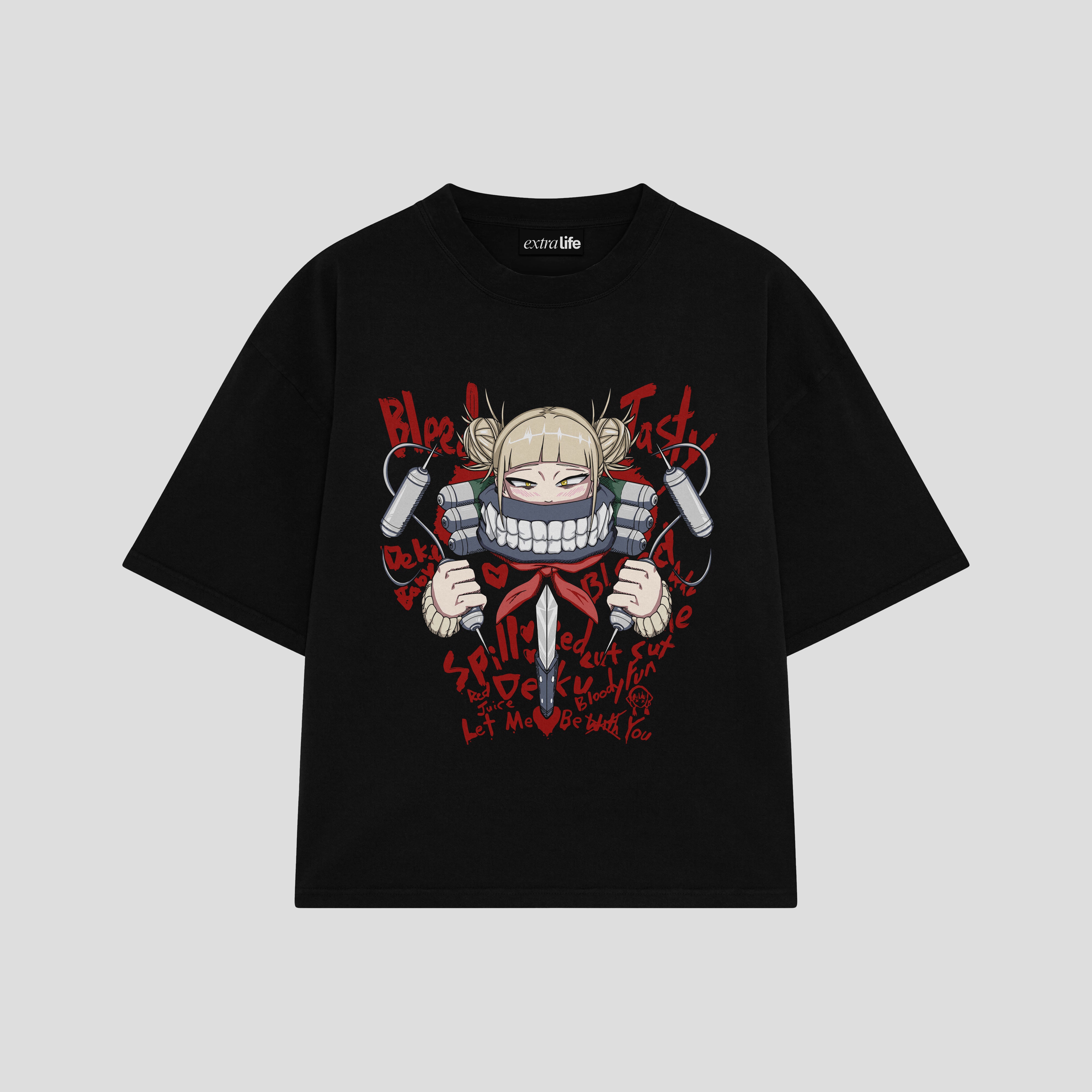 Playera streetwear premium de anime y gaming ExtraLife MX, corte boxy oversized drop shoulder heavyweight en color Deep Black y Off-White, moda urbana mexicana de culto.