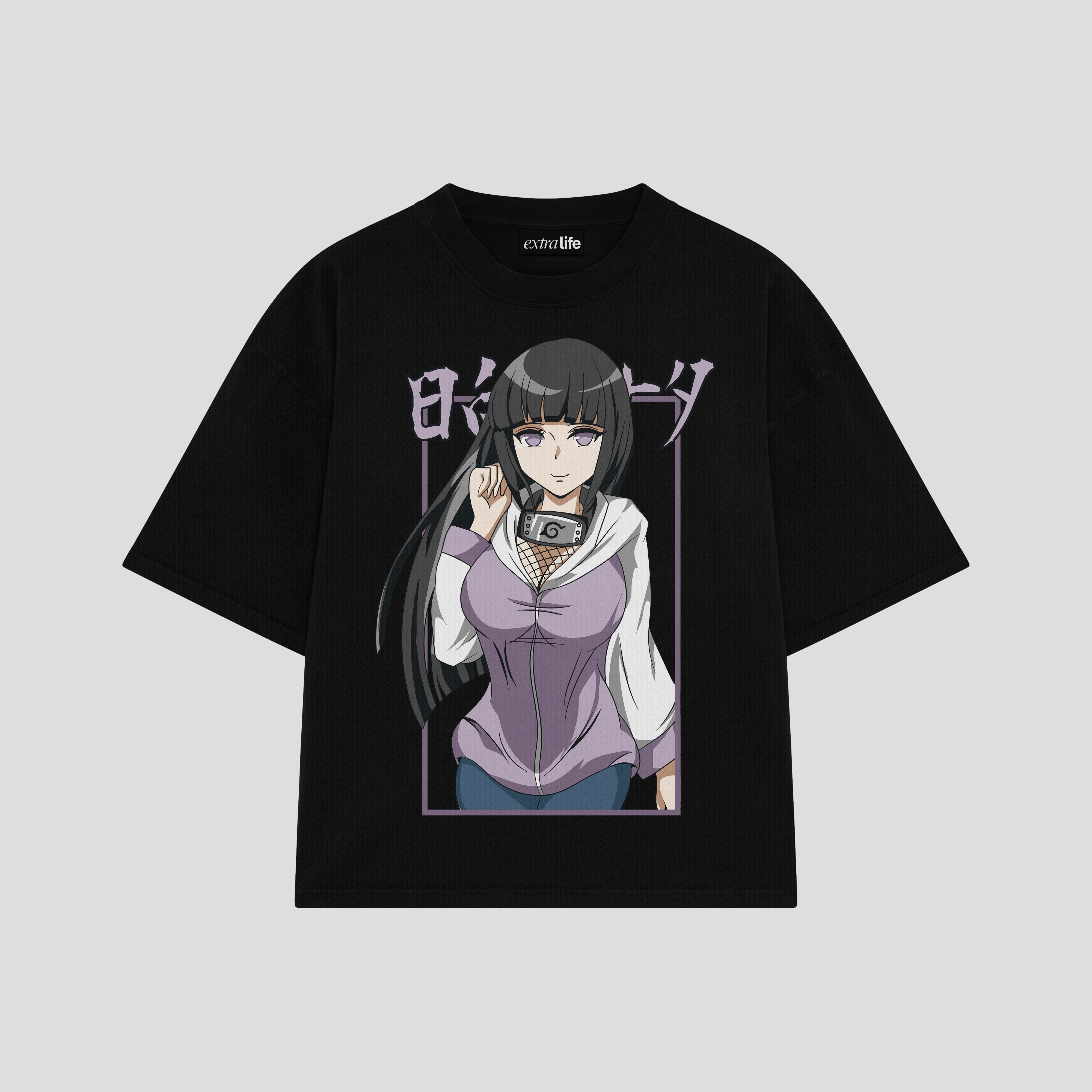 Playera streetwear premium de anime y gaming ExtraLife MX, corte boxy oversized drop shoulder heavyweight en color Deep Black y Off-White, moda urbana mexicana de culto.