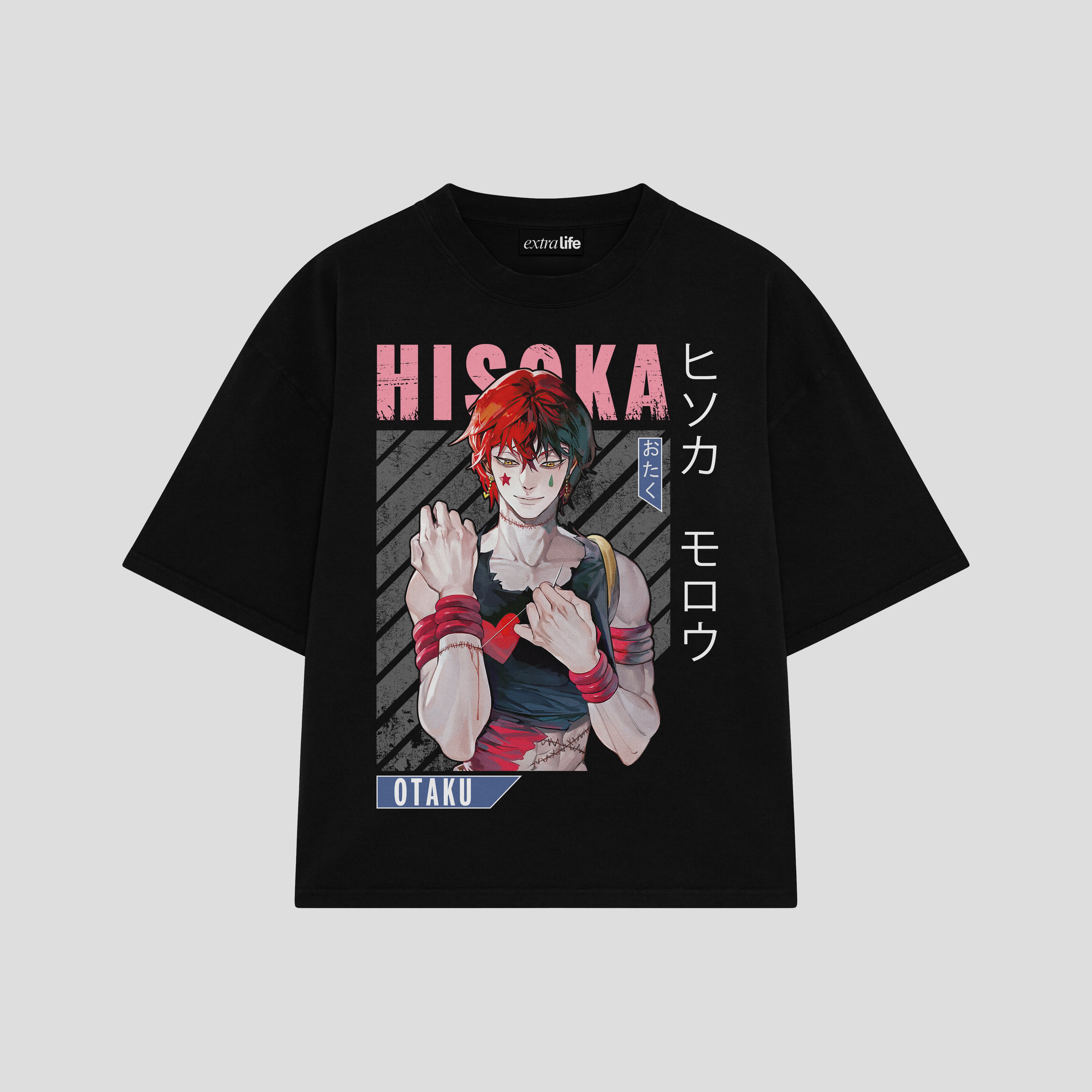 Playera streetwear premium de anime y gaming ExtraLife MX, corte boxy oversized drop shoulder heavyweight en color Deep Black y Off-White, moda urbana mexicana de culto.