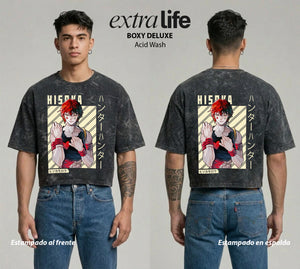 Playera streetwear premium de anime y gaming ExtraLife MX, corte boxy deluxe mineral wash heavyweight en color Acid Wash, moda urbana mexicana de culto.