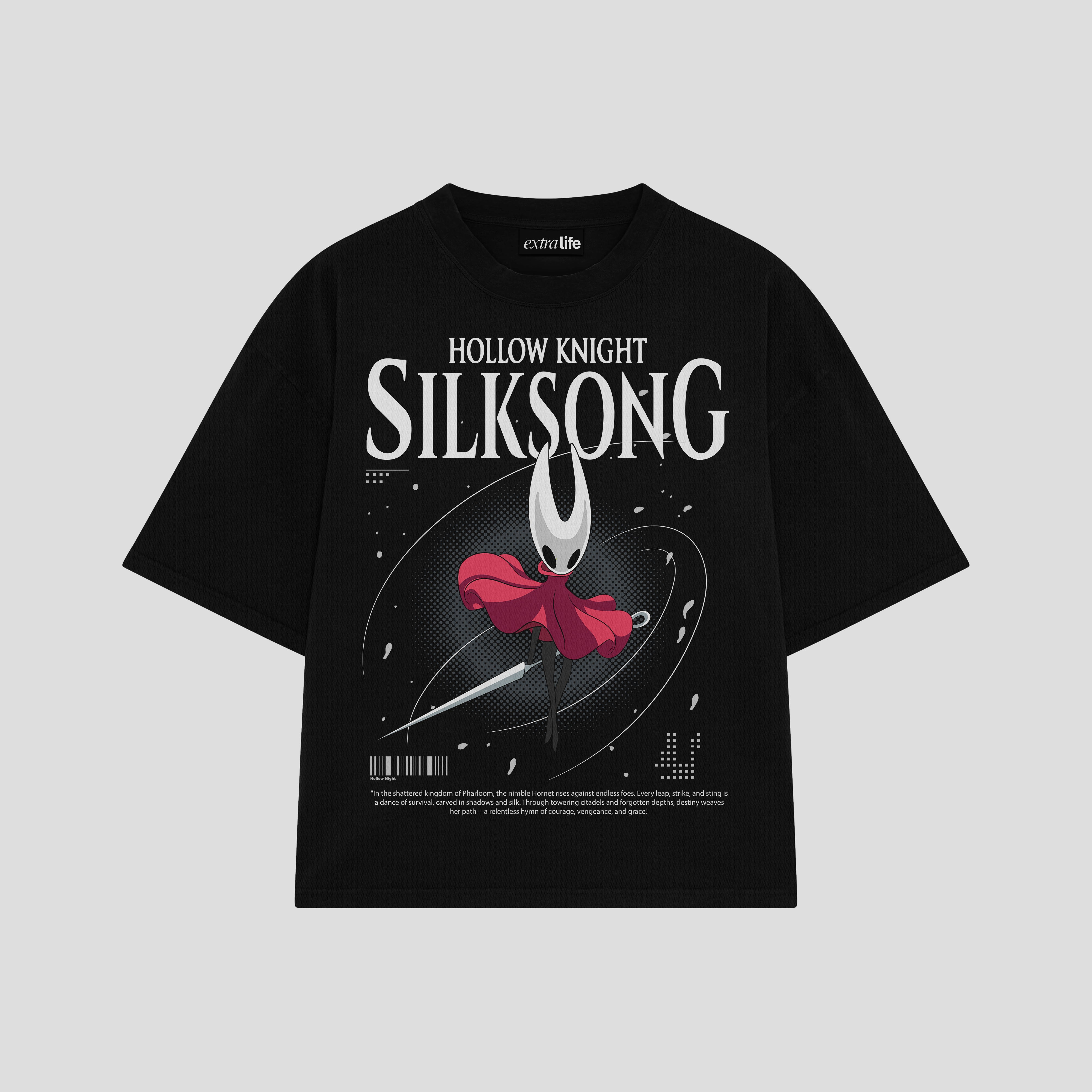 Playera streetwear premium de anime y gaming ExtraLife MX, corte boxy oversized drop shoulder heavyweight en color Deep Black y Off-White, moda urbana mexicana de culto.