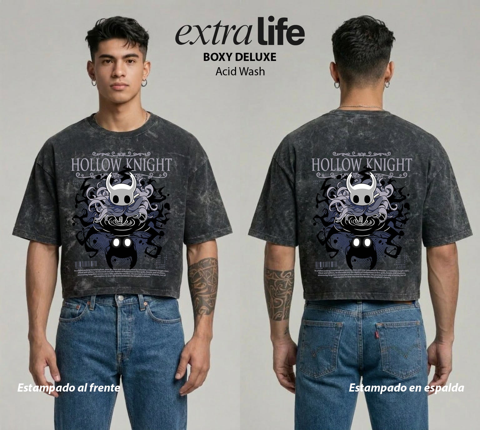 Playera streetwear premium de anime y gaming ExtraLife MX, corte boxy deluxe mineral wash heavyweight en color Acid Wash, moda urbana mexicana de culto.