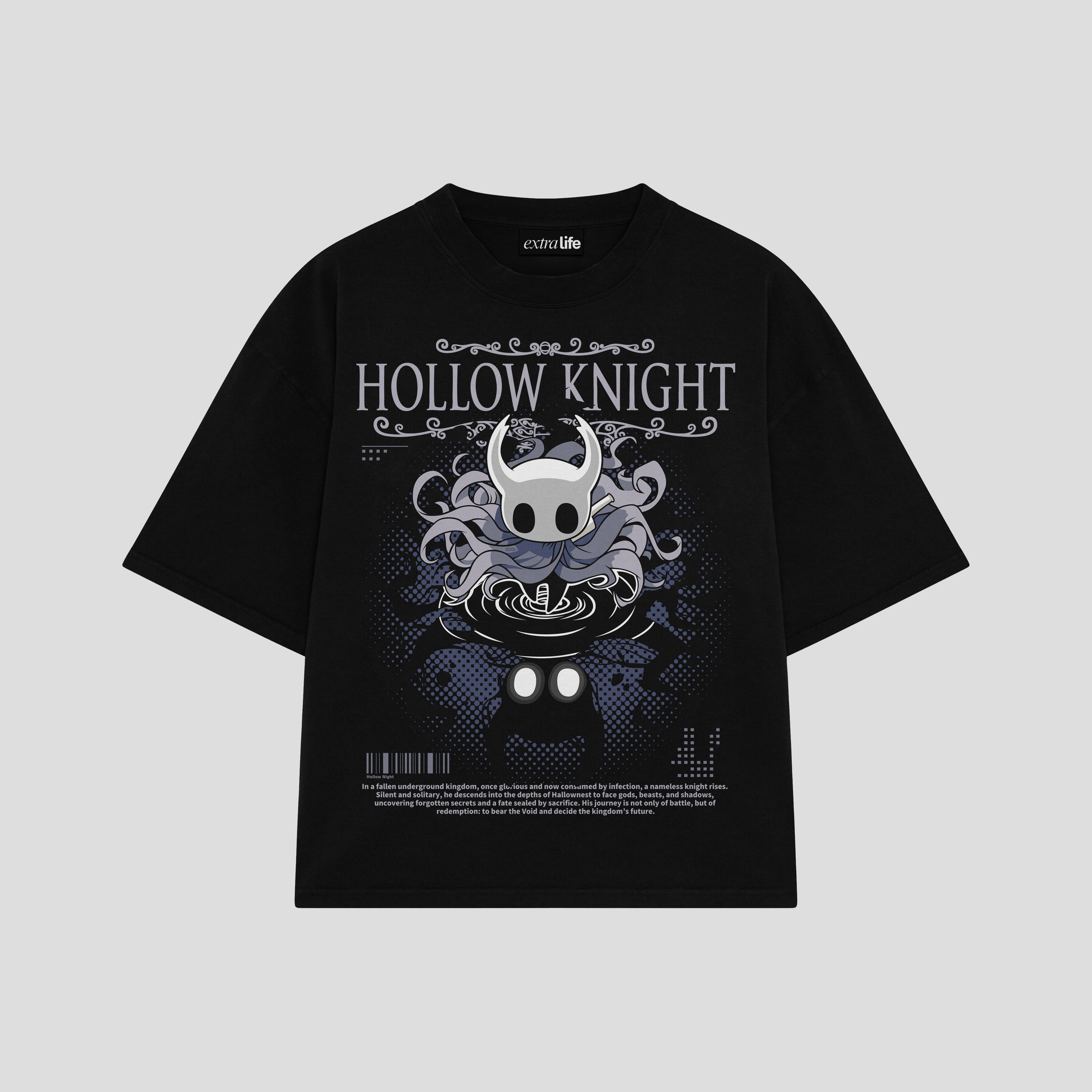 Playera streetwear premium de anime y gaming ExtraLife MX, corte boxy oversized drop shoulder heavyweight en color Deep Black y Off-White, moda urbana mexicana de culto.