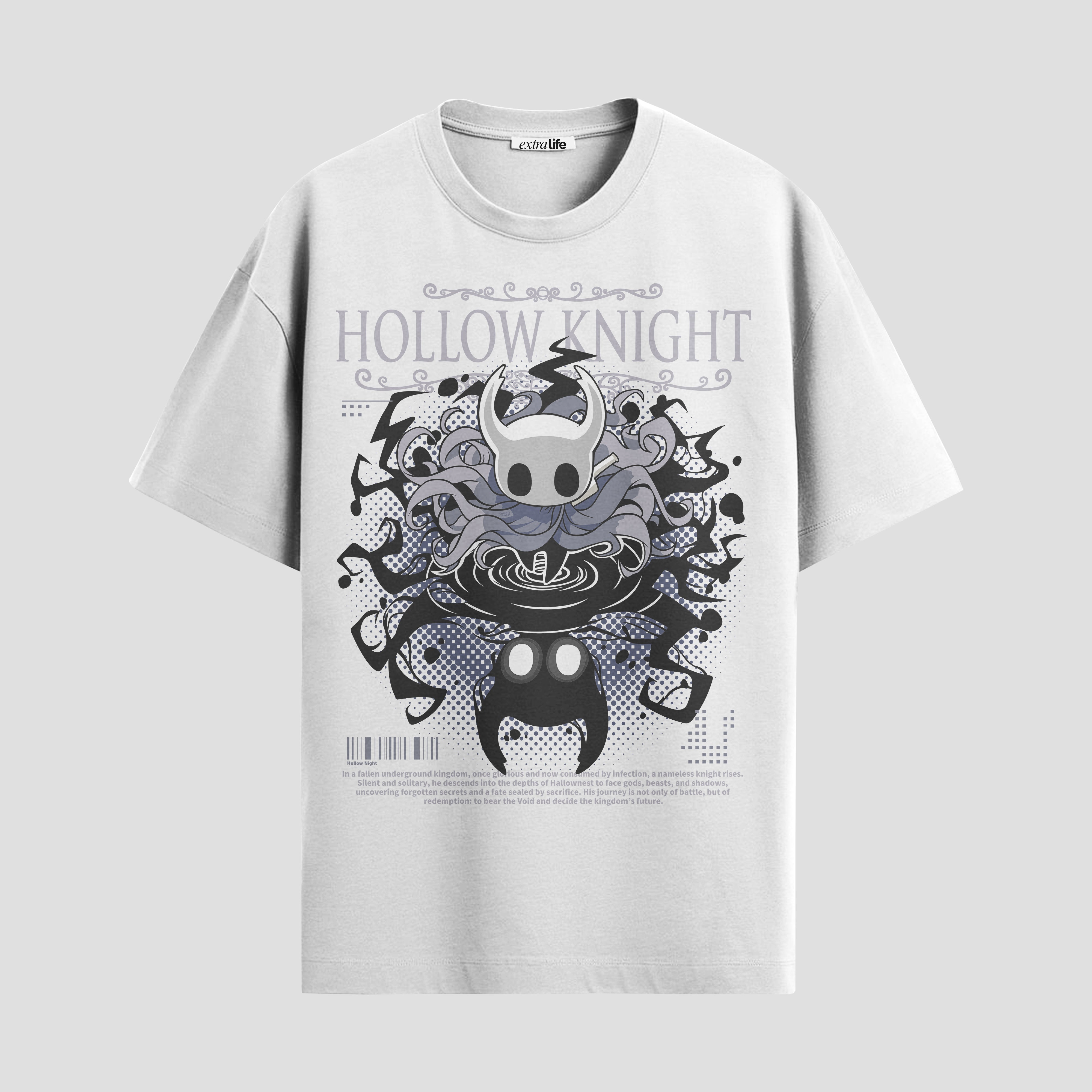 Playera urbana de anime y gaming ExtraLife MX, corte Standard Fit unisex ligero y transpirable en color Deep Black y Pure White, ropa de uso diario para gym y casual.