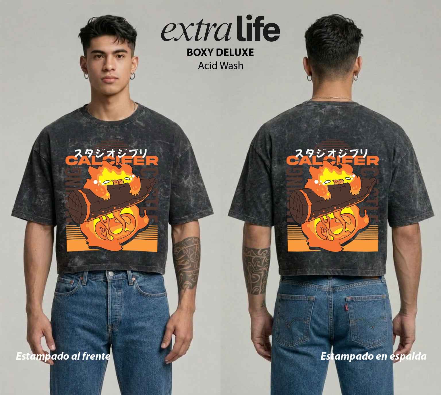 Playera streetwear premium de anime y gaming ExtraLife MX, corte boxy deluxe mineral wash heavyweight en color Acid Wash, moda urbana mexicana de culto.