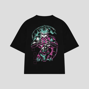 Playera streetwear premium de anime y gaming ExtraLife MX, corte boxy oversized drop shoulder heavyweight en color Deep Black y Off-White, moda urbana mexicana de culto.
