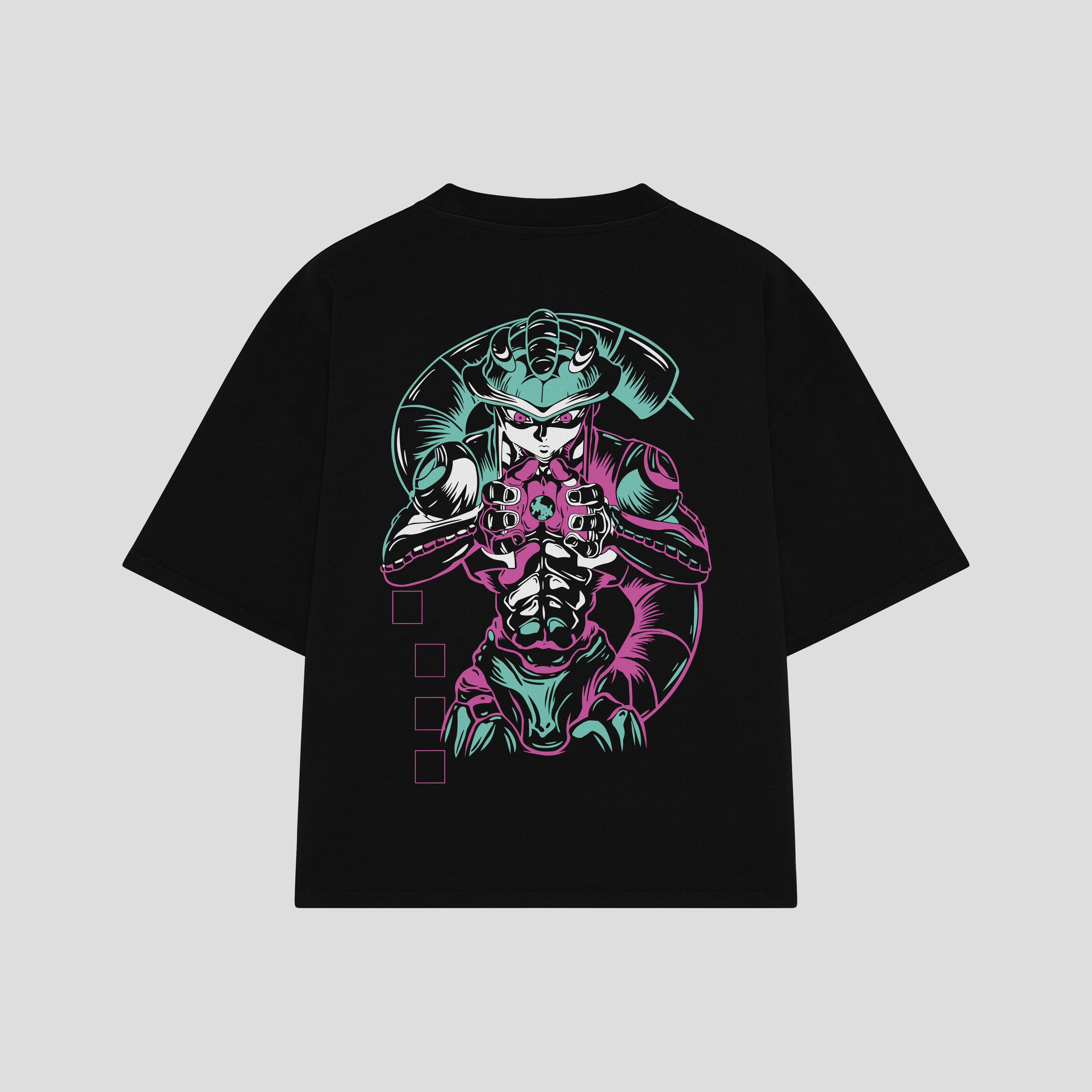 Playera streetwear premium de anime y gaming ExtraLife MX, corte boxy oversized drop shoulder heavyweight en color Deep Black y Off-White, moda urbana mexicana de culto.