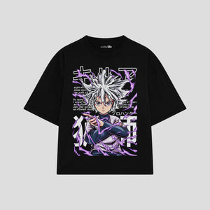 Playera streetwear premium de anime y gaming ExtraLife MX, corte boxy oversized drop shoulder heavyweight en color Deep Black y Off-White, moda urbana mexicana de culto.