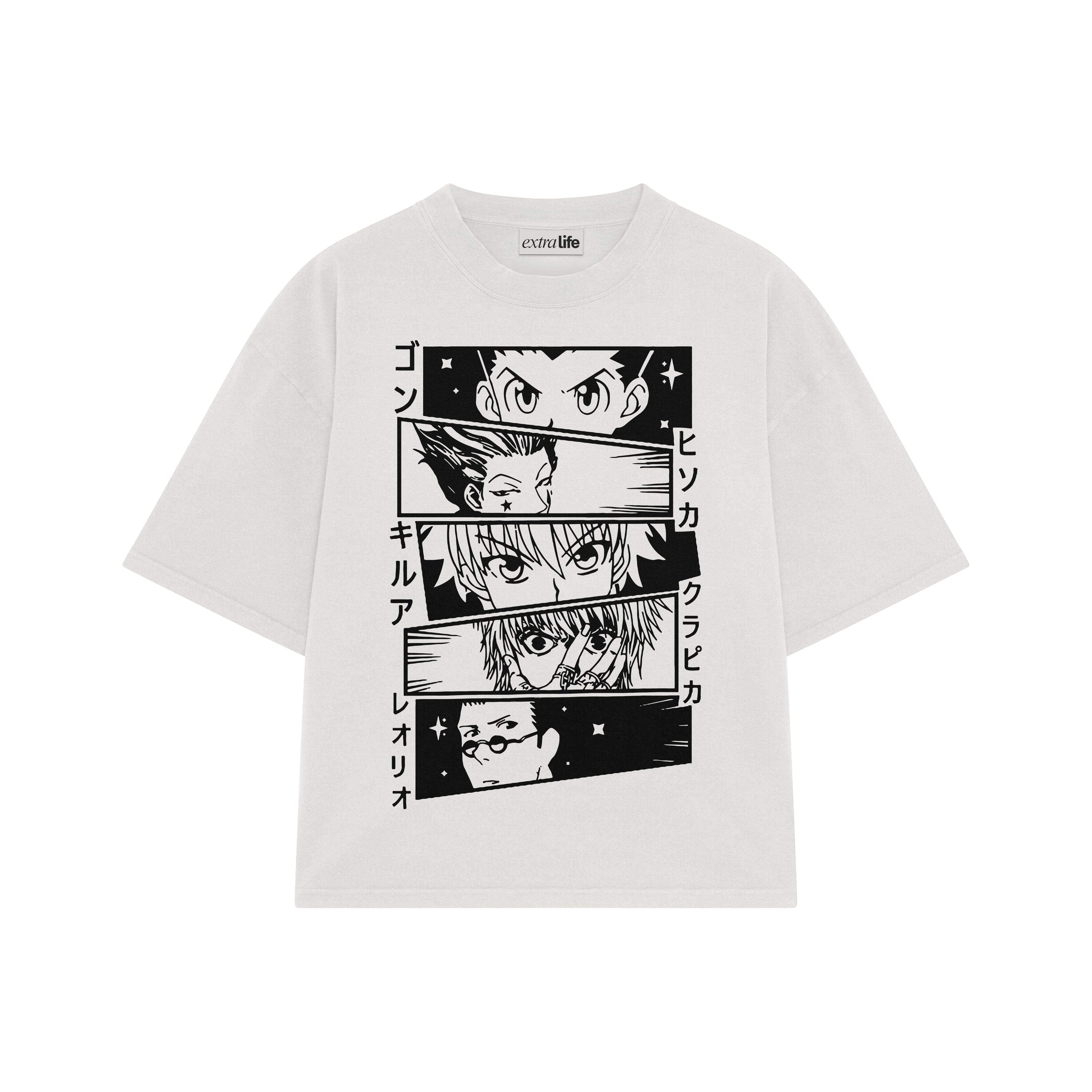 Playera streetwear premium de anime y gaming ExtraLife MX, corte boxy oversized drop shoulder heavyweight en color Deep Black y Off-White, moda urbana mexicana de culto.