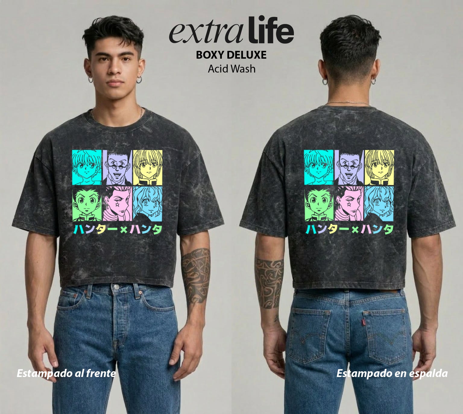 Playera streetwear premium de anime y gaming ExtraLife MX, corte boxy deluxe mineral wash heavyweight en color Acid Wash, moda urbana mexicana de culto.