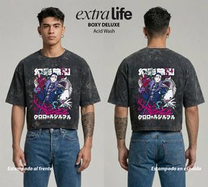 Playera streetwear premium de anime y gaming ExtraLife MX, corte boxy deluxe mineral wash heavyweight en color Acid Wash, moda urbana mexicana de culto.