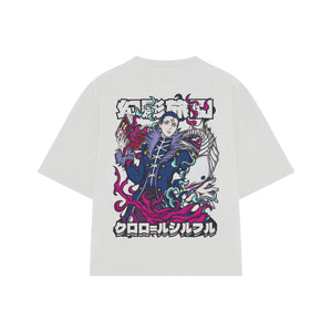 Playera streetwear premium de anime y gaming ExtraLife MX, corte boxy oversized drop shoulder heavyweight en color Deep Black y Off-White, moda urbana mexicana de culto.
