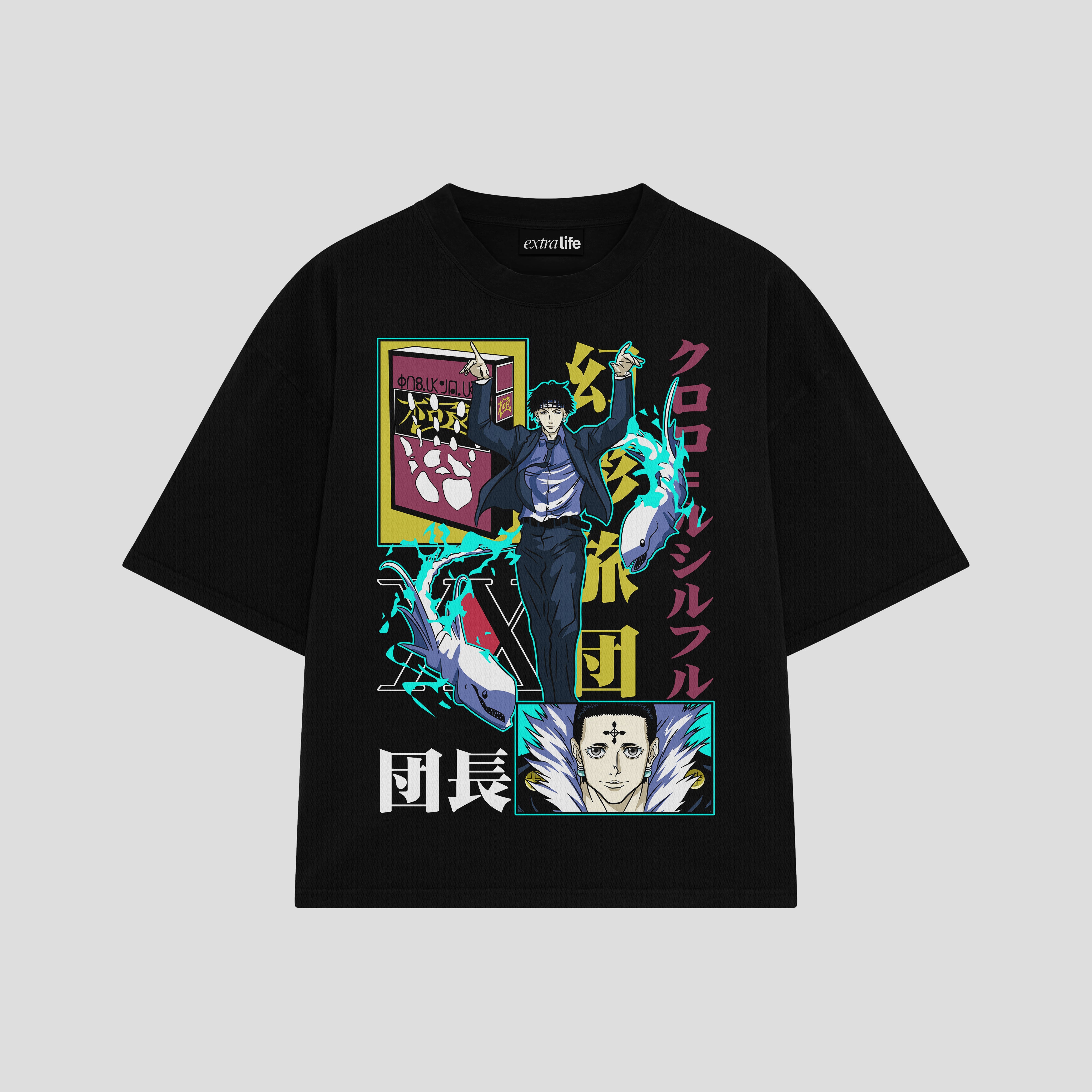 Playera streetwear premium de anime y gaming ExtraLife MX, corte boxy oversized drop shoulder heavyweight en color Deep Black y Off-White, moda urbana mexicana de culto.