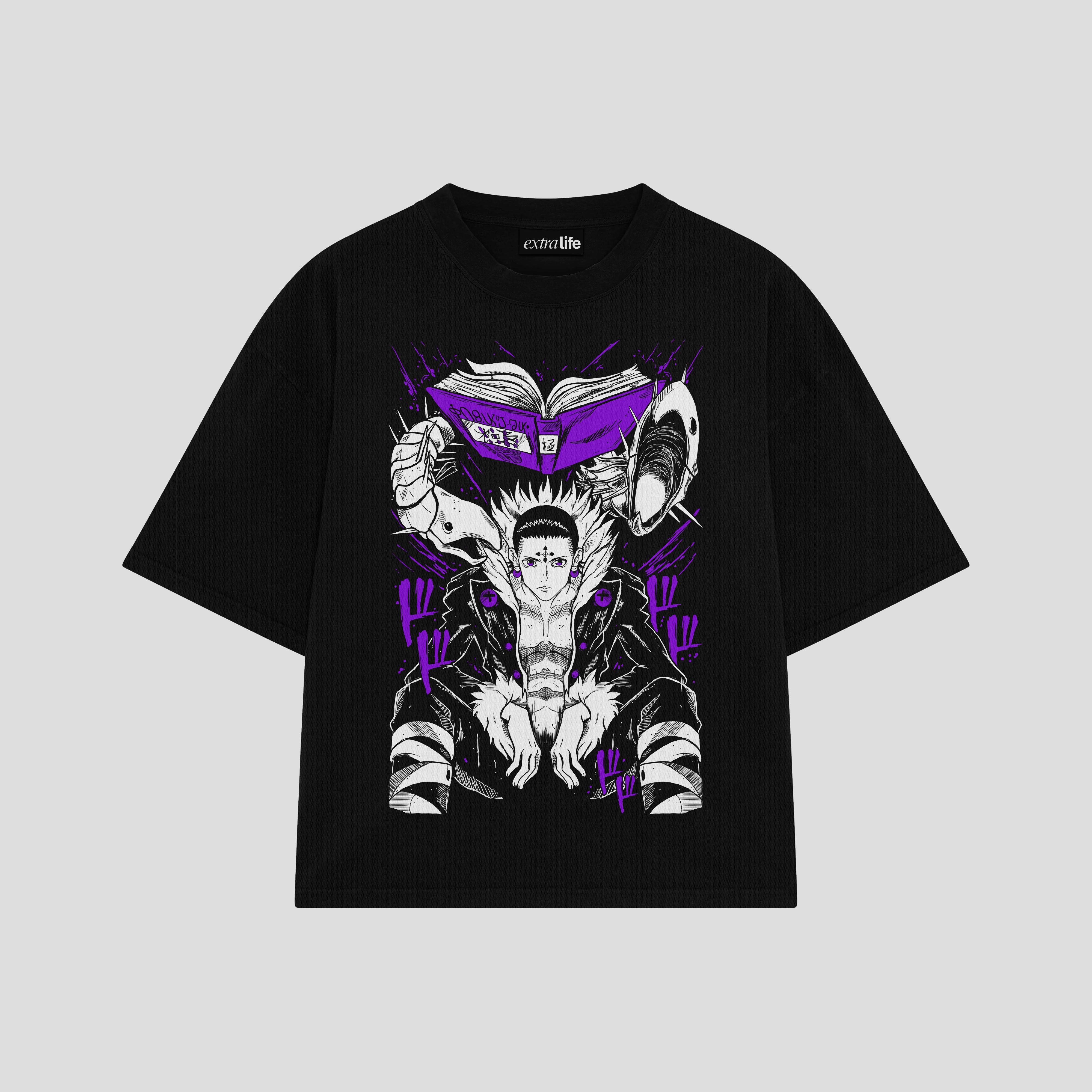 Playera streetwear premium de anime y gaming ExtraLife MX, corte boxy oversized drop shoulder heavyweight en color Deep Black y Off-White, moda urbana mexicana de culto.