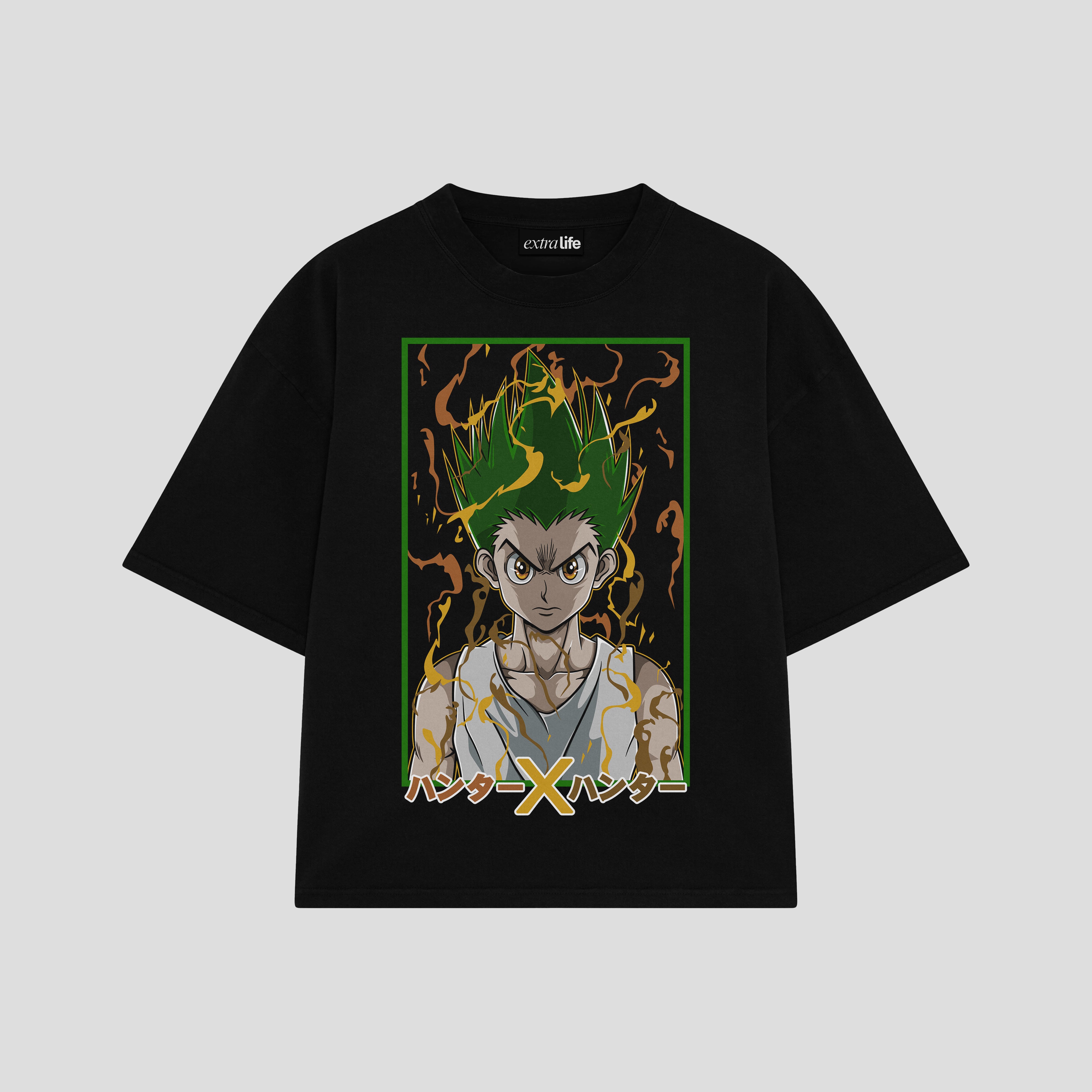 Playera streetwear premium de anime y gaming ExtraLife MX, corte boxy oversized drop shoulder heavyweight en color Deep Black y Off-White, moda urbana mexicana de culto.