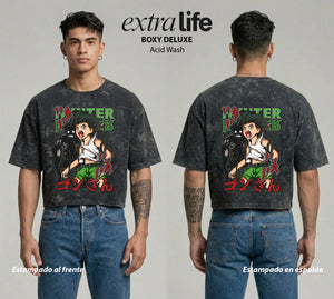 Playera streetwear premium de anime y gaming ExtraLife MX, corte boxy deluxe mineral wash heavyweight en color Acid Wash, moda urbana mexicana de culto.