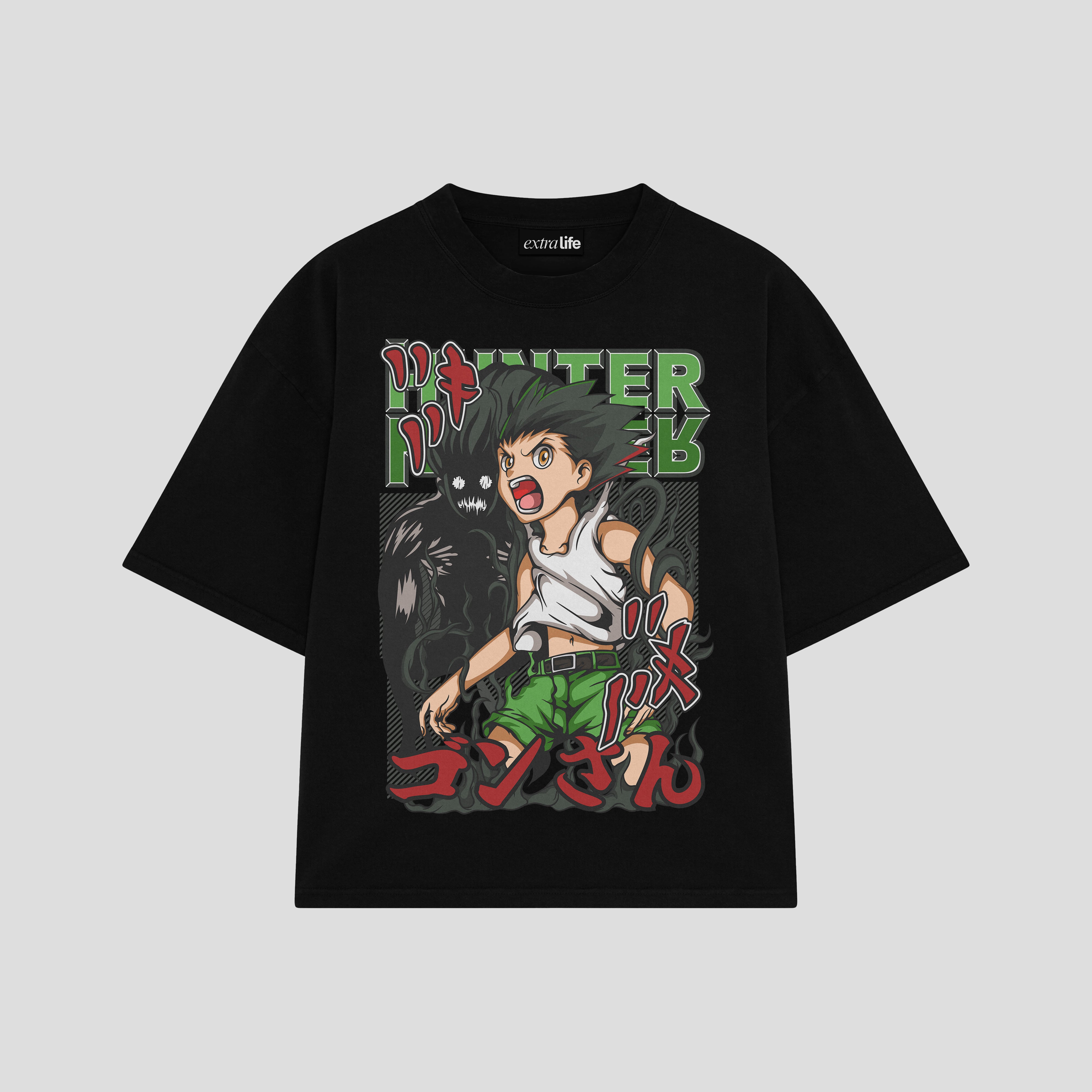 Playera streetwear premium de anime y gaming ExtraLife MX, corte boxy oversized drop shoulder heavyweight en color Deep Black y Off-White, moda urbana mexicana de culto.