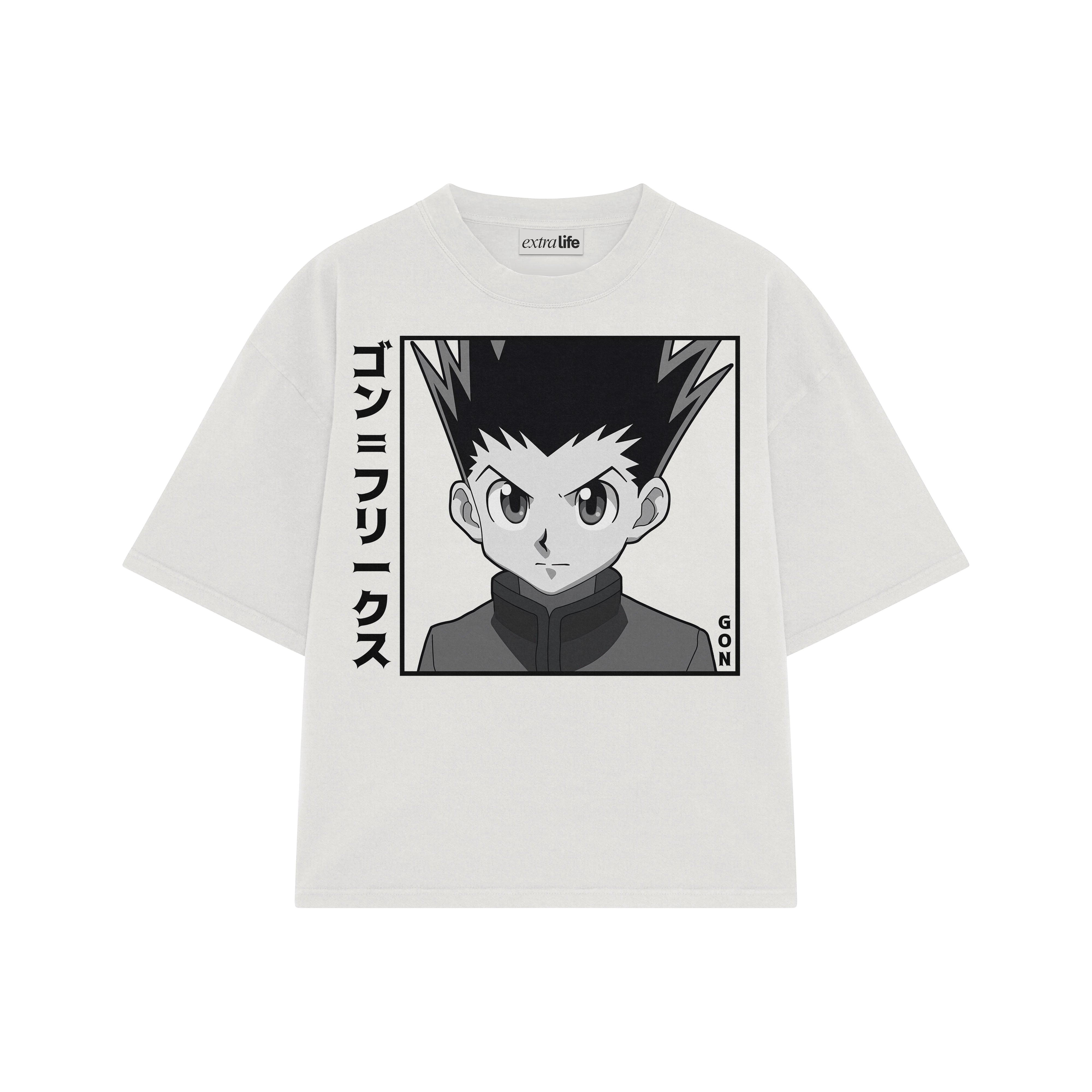 Playera streetwear premium de anime y gaming ExtraLife MX, corte boxy oversized drop shoulder heavyweight en color Deep Black y Off-White, moda urbana mexicana de culto.