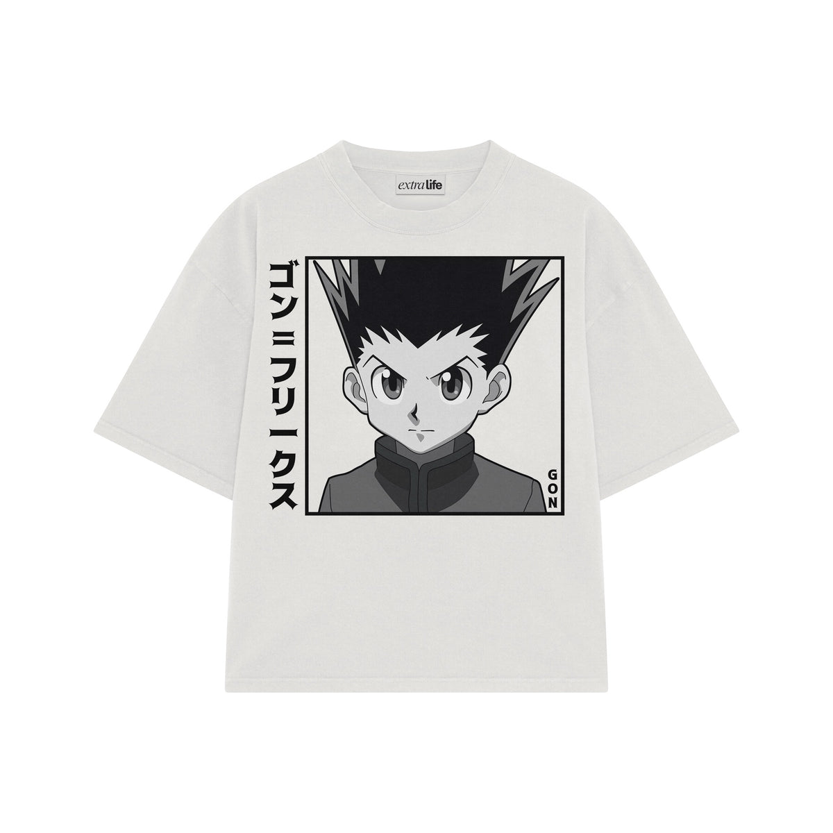Playera streetwear premium de anime y gaming ExtraLife MX, corte oversized drop shoulder ligero y fresco en color Deep Black y Off-White, moda urbana mexicana de culto.