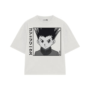 Playera streetwear premium de anime y gaming ExtraLife MX, corte boxy oversized drop shoulder heavyweight en color Deep Black y Off-White, moda urbana mexicana de culto.
