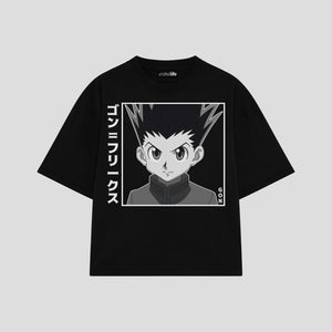 Playera streetwear premium de anime y gaming ExtraLife MX, corte boxy oversized drop shoulder heavyweight en color Deep Black y Off-White, moda urbana mexicana de culto.