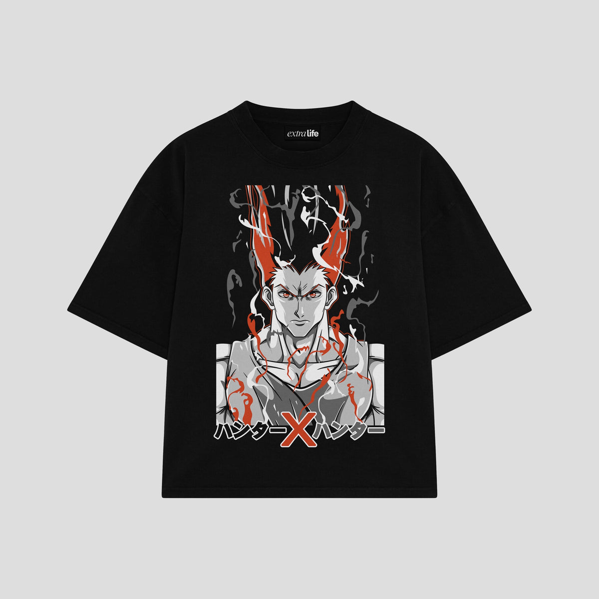 Playera streetwear premium de anime y gaming ExtraLife MX, corte oversized drop shoulder ligero y fresco en color Deep Black y Off-White, moda urbana mexicana de culto.