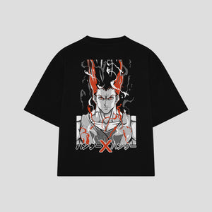Playera streetwear premium de anime y gaming ExtraLife MX, corte boxy oversized drop shoulder heavyweight en color Deep Black y Off-White, moda urbana mexicana de culto.