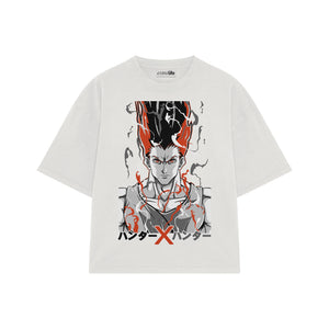 Playera streetwear premium de anime y gaming ExtraLife MX, corte boxy oversized drop shoulder heavyweight en color Deep Black y Off-White, moda urbana mexicana de culto.