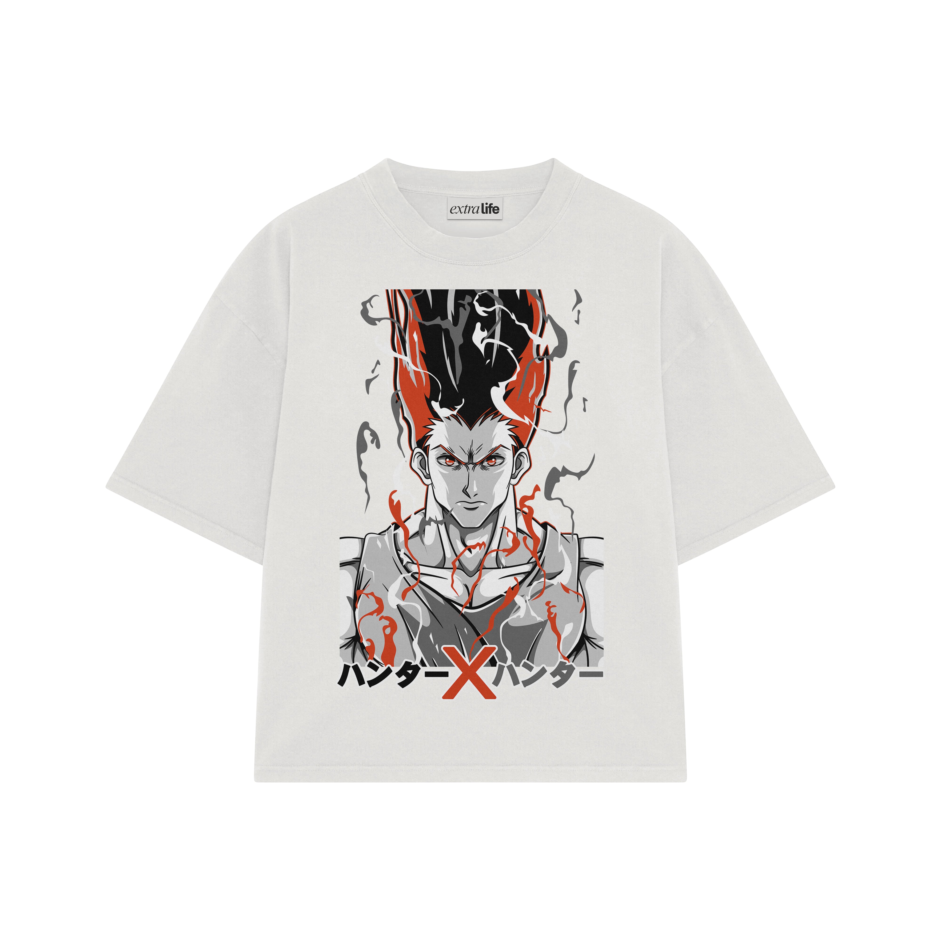 Playera streetwear premium de anime y gaming ExtraLife MX, corte boxy oversized drop shoulder heavyweight en color Deep Black y Off-White, moda urbana mexicana de culto.