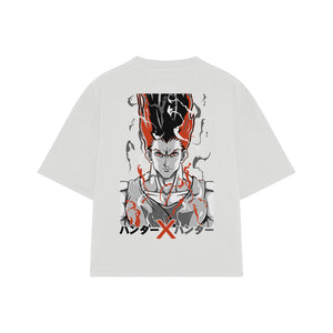 Playera streetwear premium de anime y gaming ExtraLife MX, corte boxy oversized drop shoulder heavyweight en color Deep Black y Off-White, moda urbana mexicana de culto.