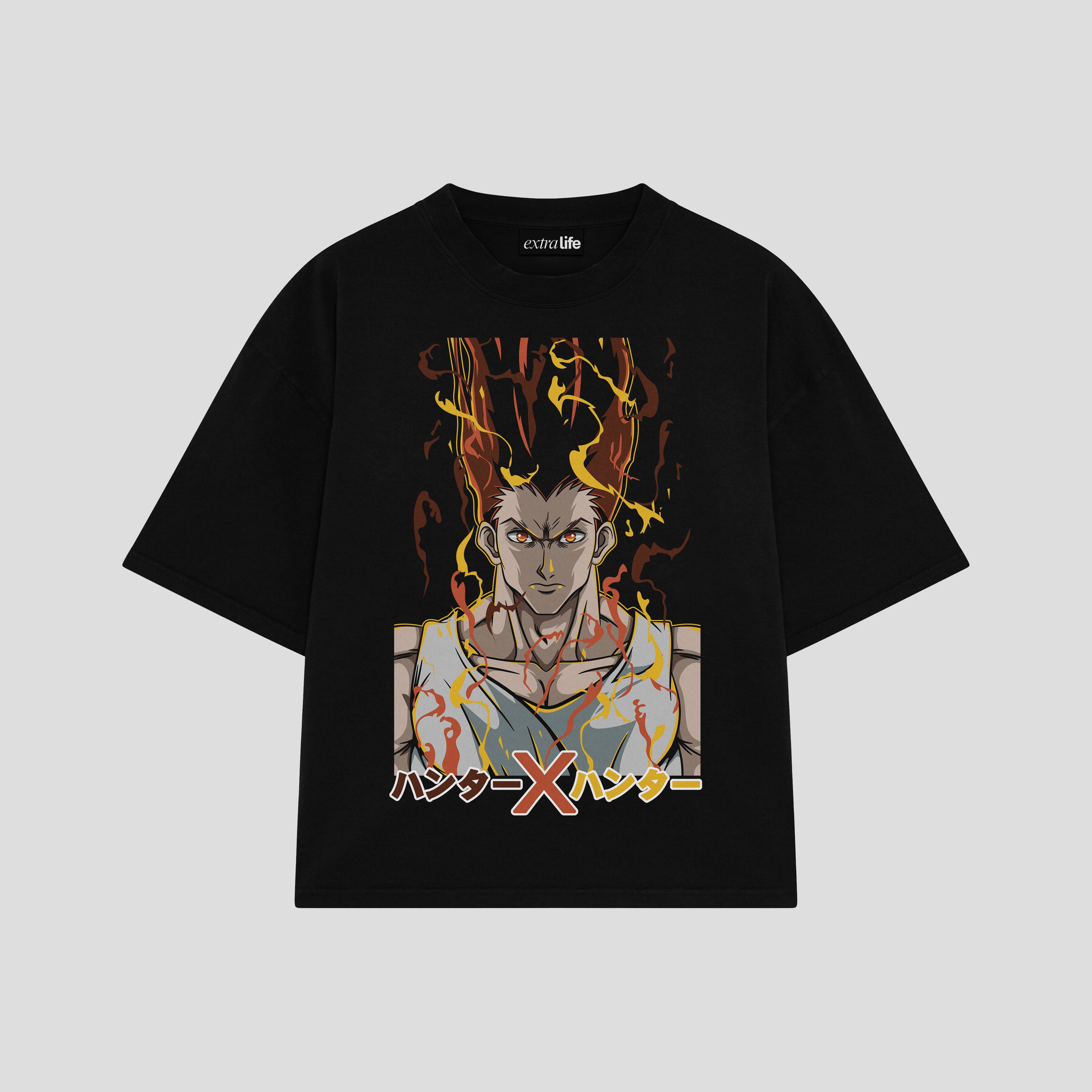 Playera streetwear premium de anime y gaming ExtraLife MX, corte boxy oversized drop shoulder heavyweight en color Deep Black y Off-White, moda urbana mexicana de culto.