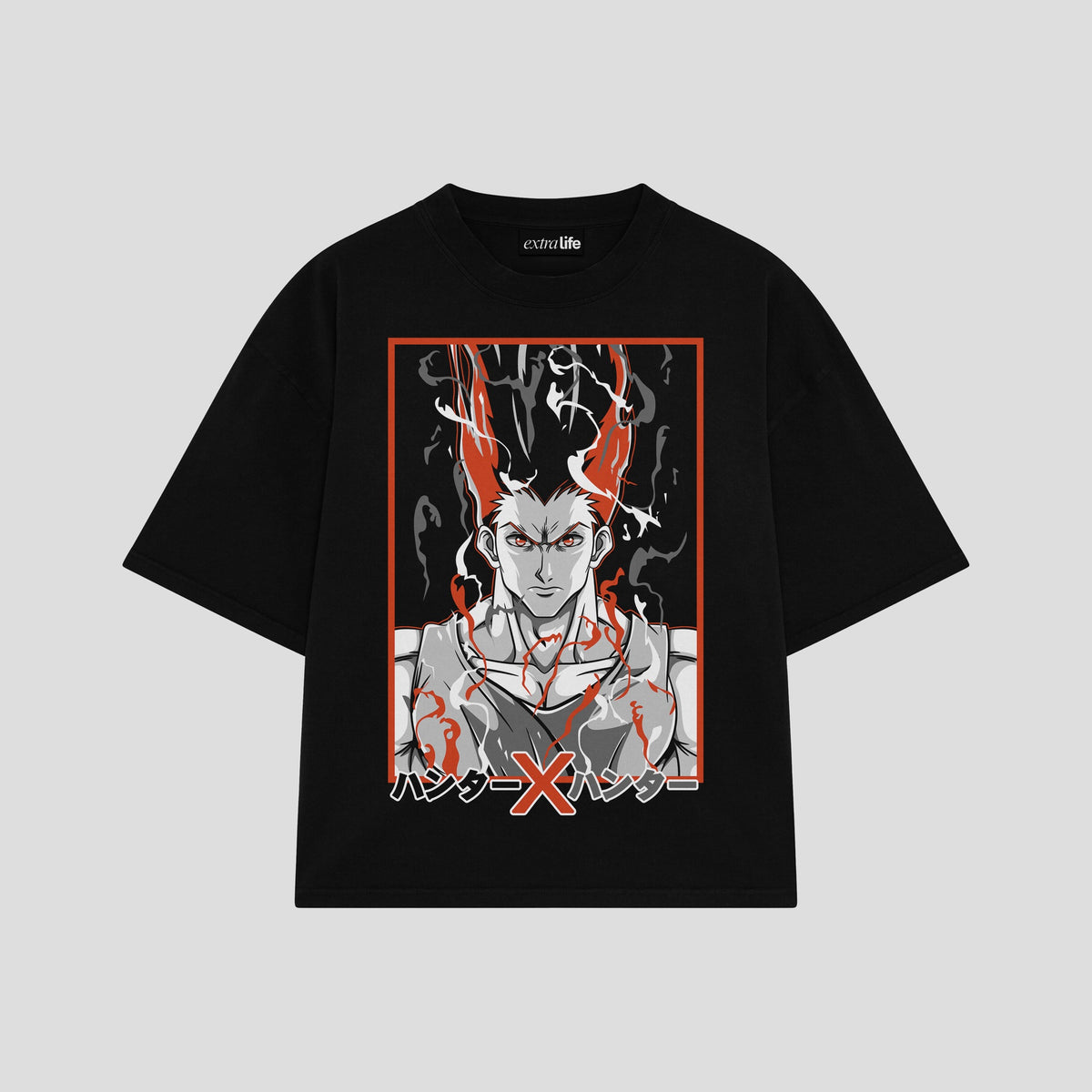 Playera streetwear premium de anime y gaming ExtraLife MX, corte oversized drop shoulder ligero y fresco en color Deep Black y Off-White, moda urbana mexicana de culto.
