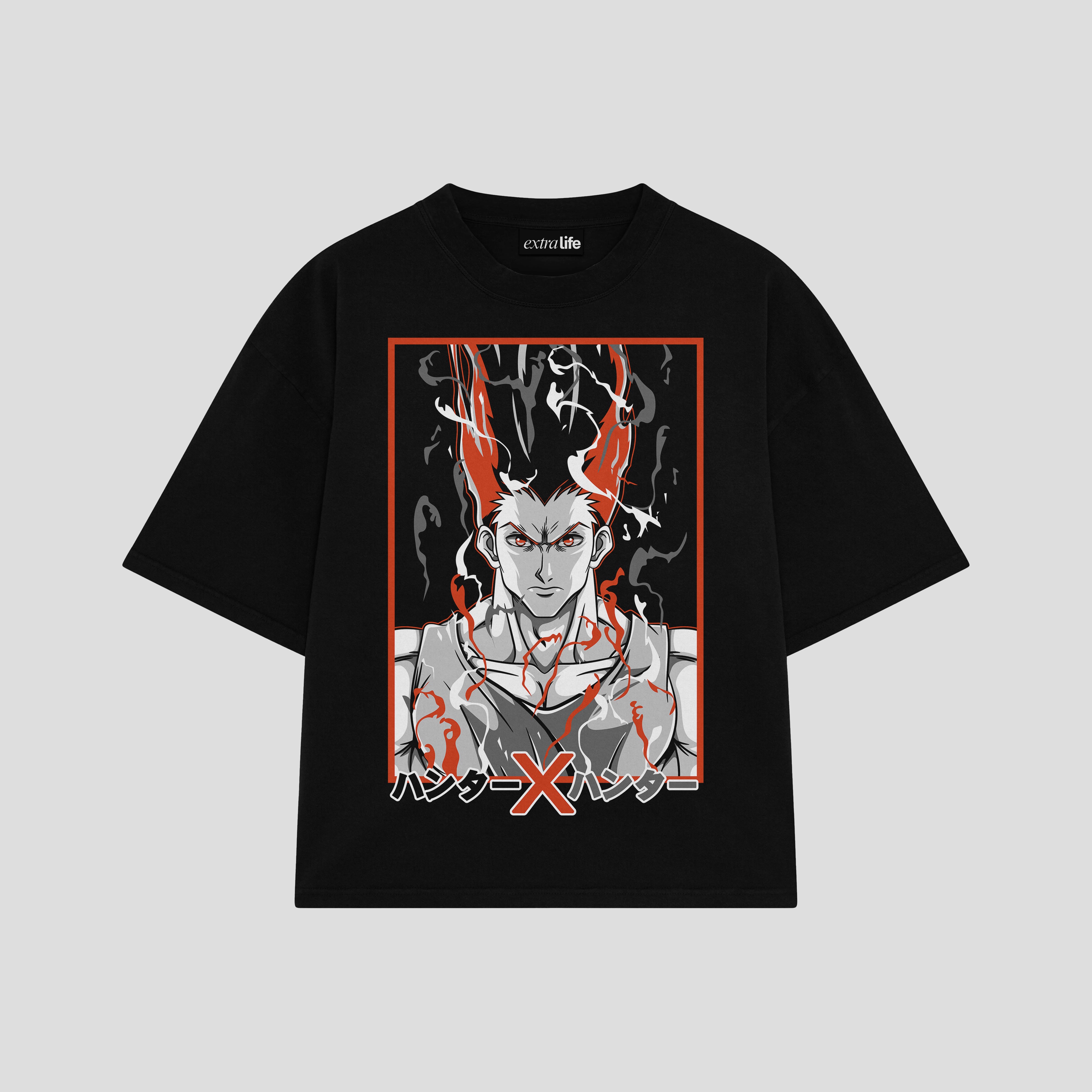 Playera streetwear premium de anime y gaming ExtraLife MX, corte boxy oversized drop shoulder heavyweight en color Deep Black y Off-White, moda urbana mexicana de culto.