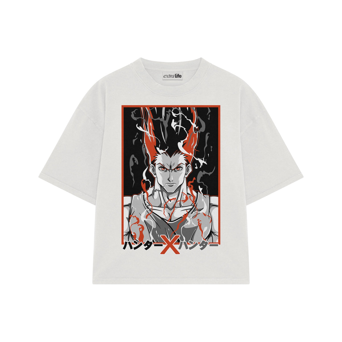 Playera streetwear premium de anime y gaming ExtraLife MX, corte oversized drop shoulder ligero y fresco en color Deep Black y Off-White, moda urbana mexicana de culto.