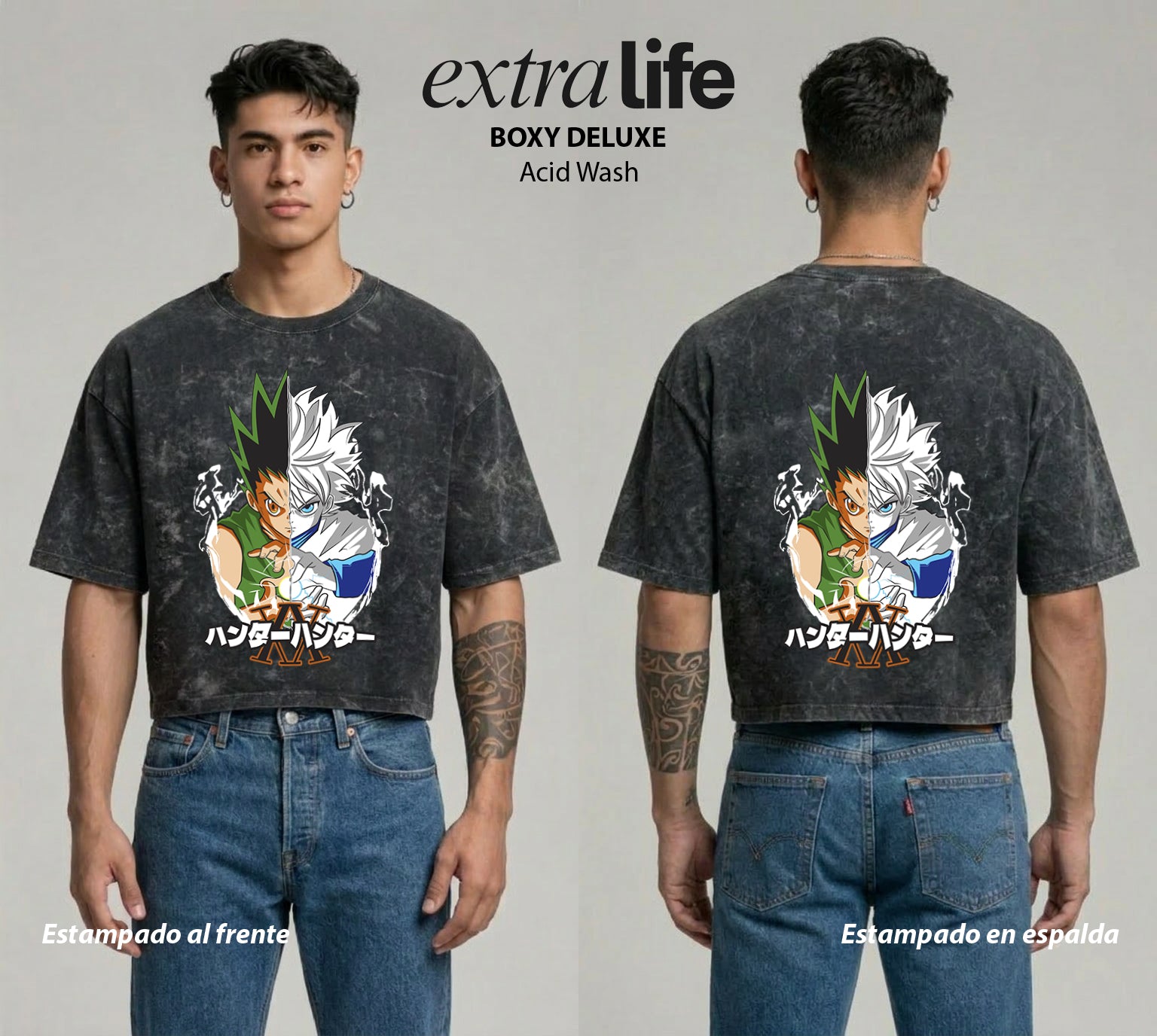 Playera streetwear premium de anime y gaming ExtraLife MX, corte boxy deluxe mineral wash heavyweight en color Acid Wash, moda urbana mexicana de culto.