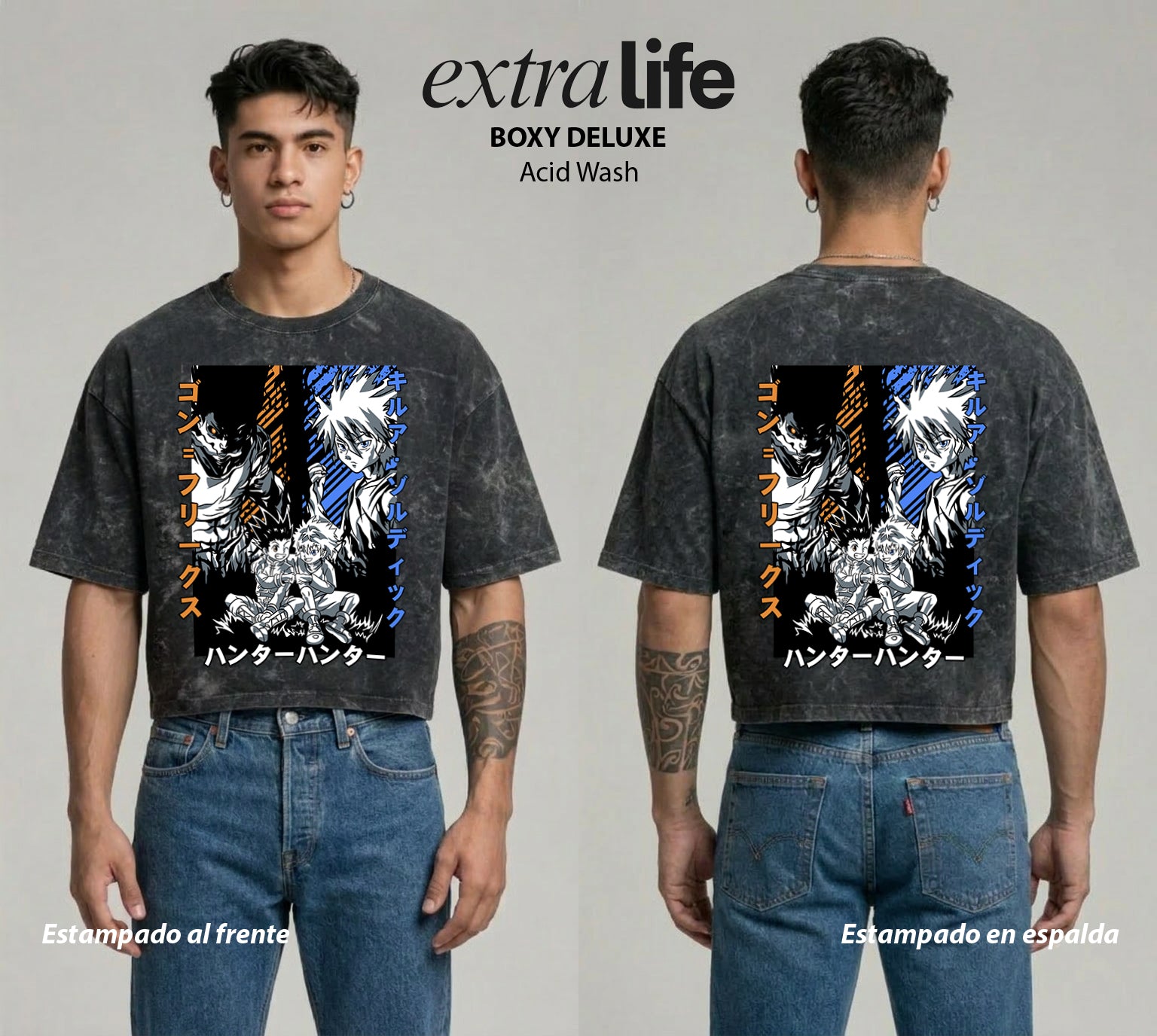 Playera streetwear premium de anime y gaming ExtraLife MX, corte boxy deluxe mineral wash heavyweight en color Acid Wash, moda urbana mexicana de culto.