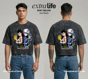 Playera streetwear premium de anime y gaming ExtraLife MX, corte boxy deluxe mineral wash heavyweight en color Acid Wash, moda urbana mexicana de culto.