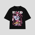 Playera streetwear premium de anime y gaming ExtraLife MX, corte boxy oversized drop shoulder heavyweight en color Deep Black y Off-White, moda urbana mexicana de culto.